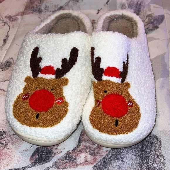 Rudolf Reindeer Shoes - Christmas Rudolph Reindeer Fleece Slippers Size 7